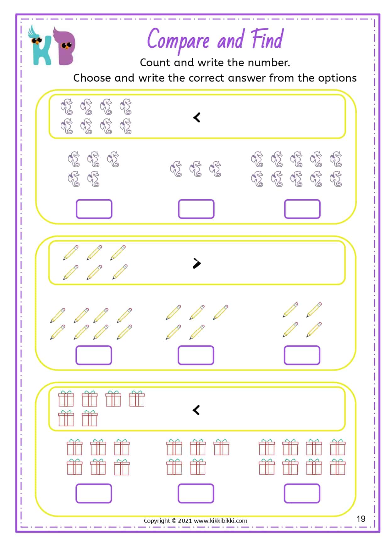 Greater Than / Less Than - KikkiBikki's Kindergarten Worksheets