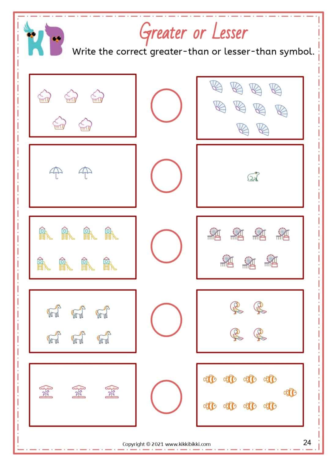 Greater Than / Less Than - KikkiBikki's Kindergarten Worksheets