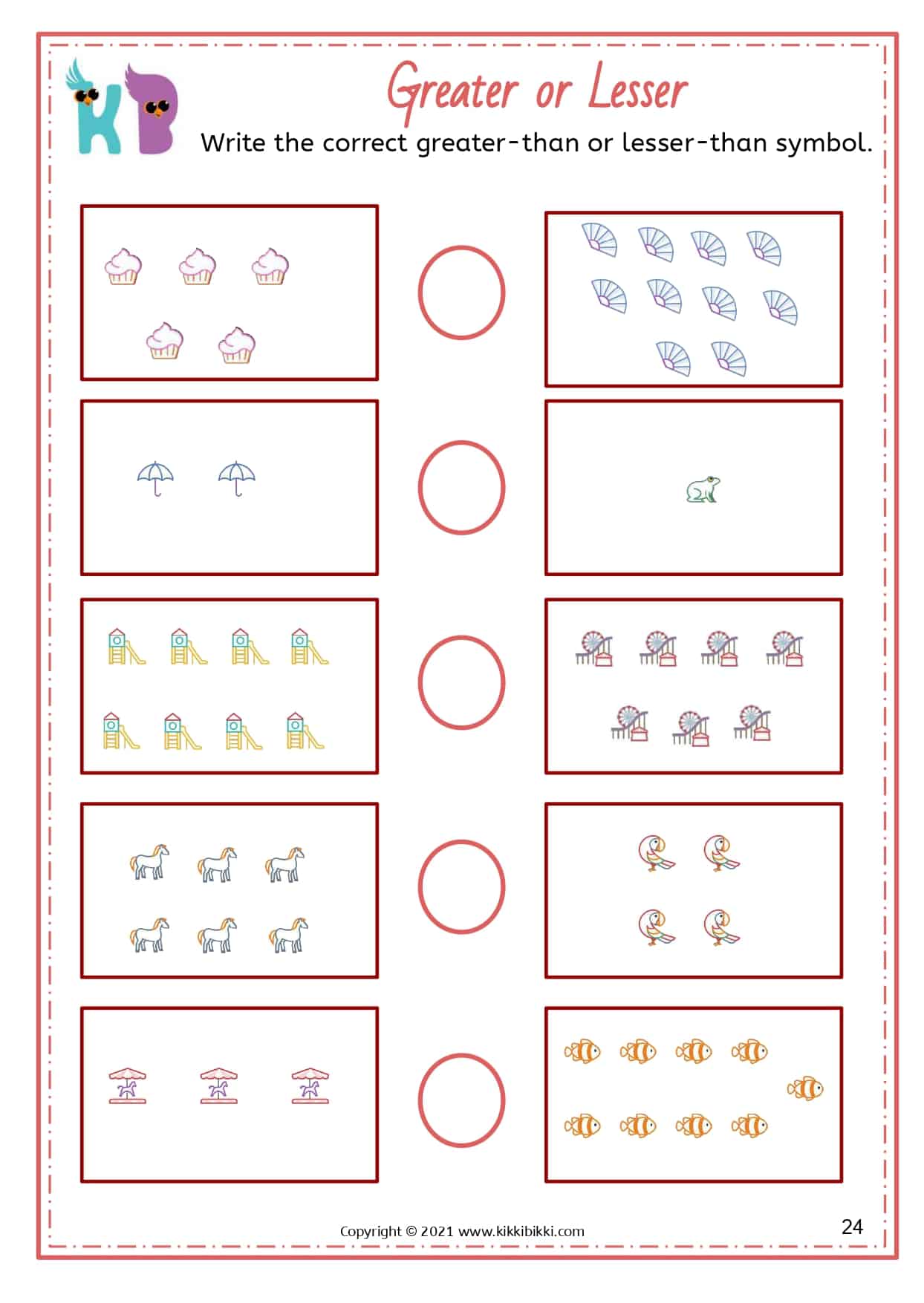 Greater Than / Less Than - KikkiBikki's Kindergarten Worksheets