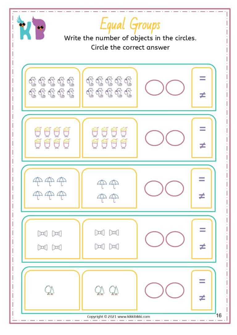 15+ FREE Equal or Not Equal WORKSHEETS - KikkiBikki