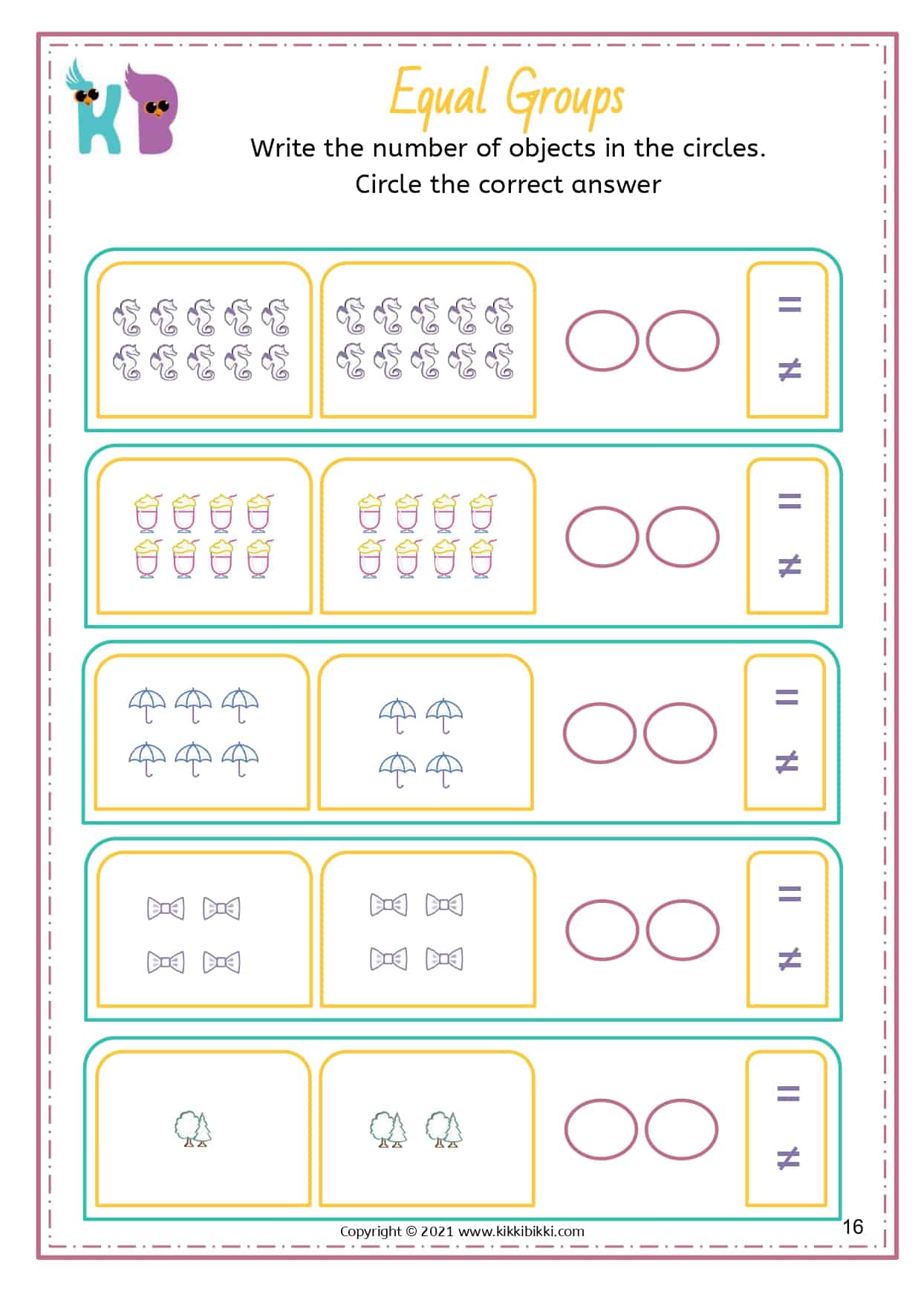 15+ FREE Equal or Not Equal WORKSHEETS - KikkiBikki