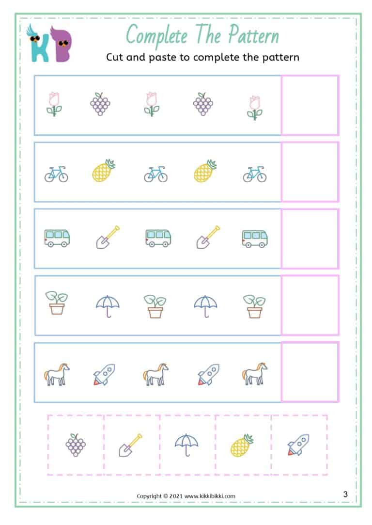 PATTERNS - Free Math Kindergarten Worksheets - KikkiBikki