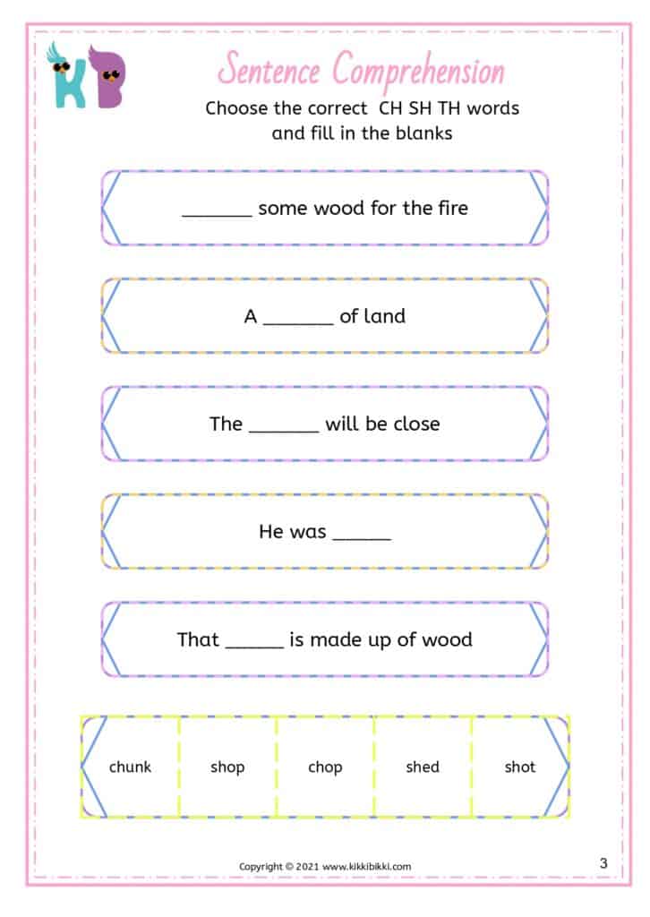 Kindergarten Digraphs Comprehension Practice Worksheet