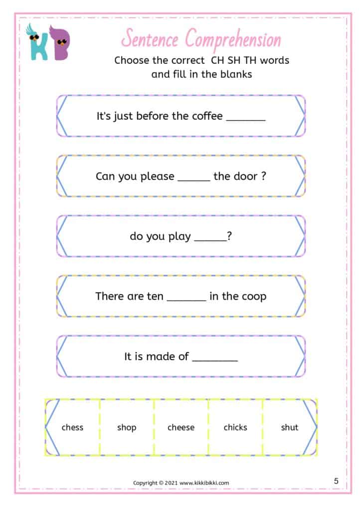 Printable Digraphs Comprehension Worksheet