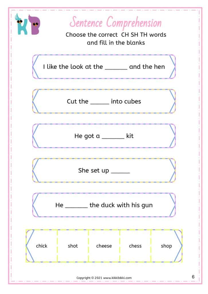 Phonics Digraphs Comprehension for Kindergarten Worksheet