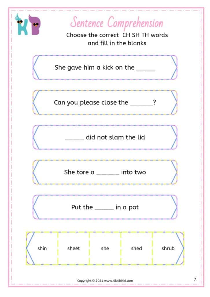 Kindergarten Digraphs Comprehension Free Worksheet