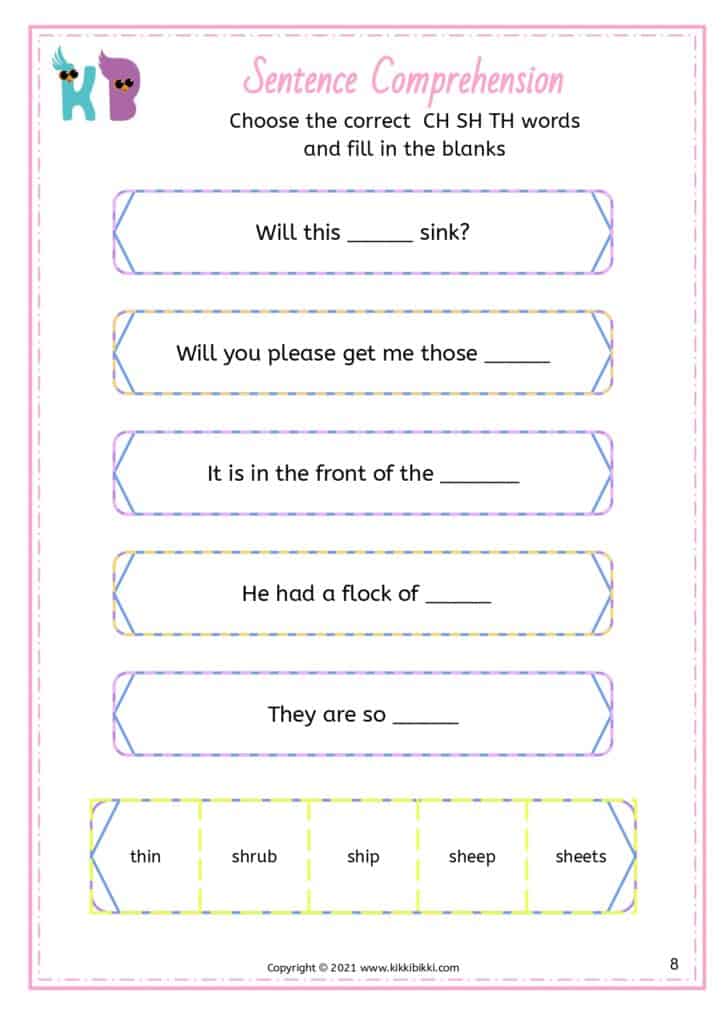 Free Kindergarten Digraphs Comprehension Worksheet