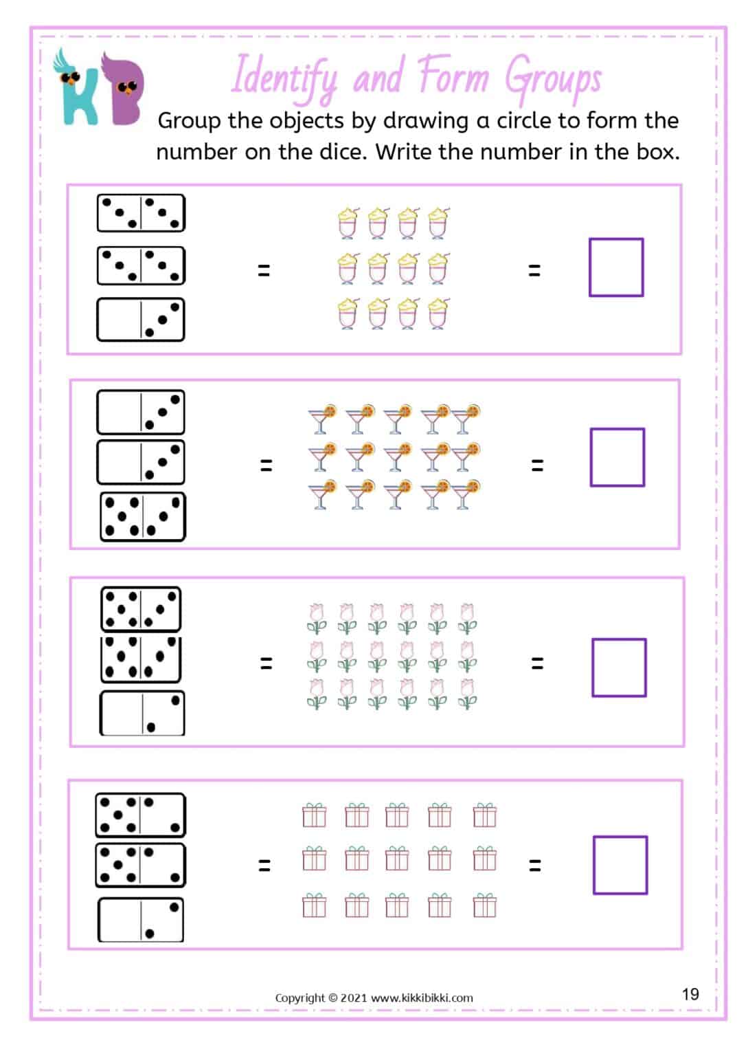 Math Printable Worksheets on GROUPING NUMBERS Upto 20