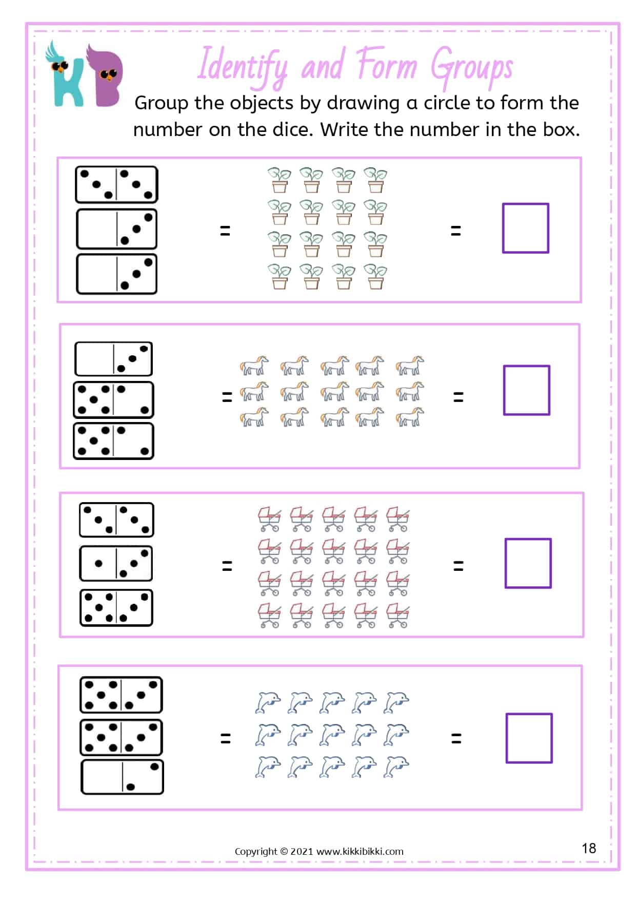 Math Printable Worksheets on GROUPING NUMBERS Upto 20