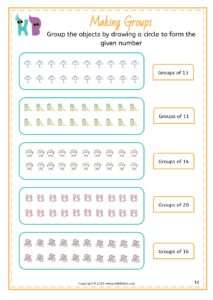 Math Printable Worksheets on GROUPING NUMBERS Upto 20