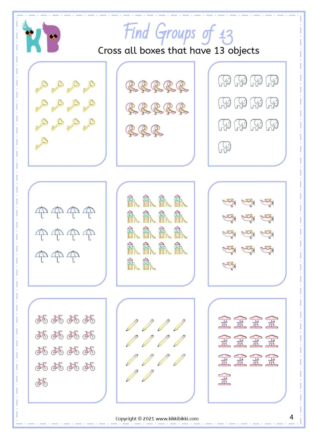 Math Printable Worksheets on GROUPING NUMBERS Upto 20