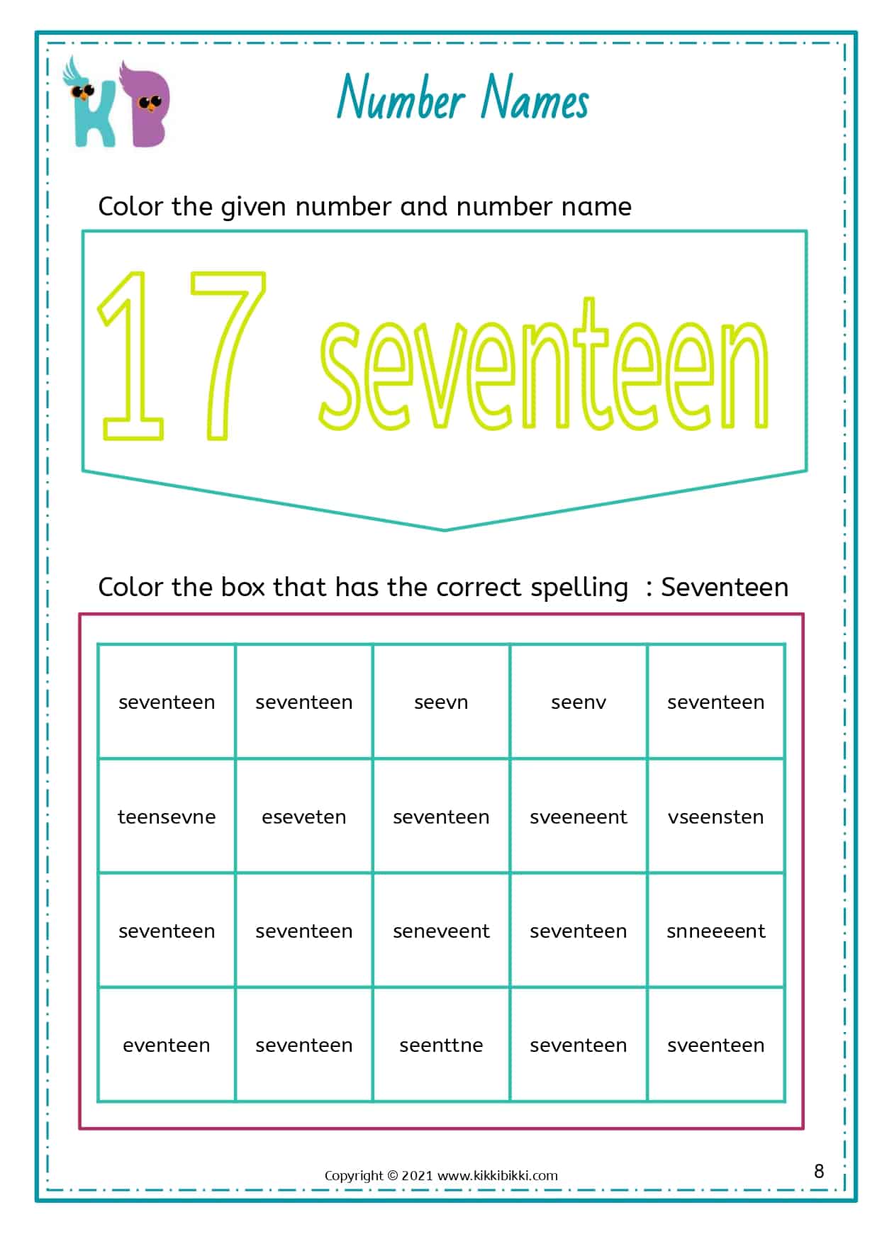 NUMBER NAMES - Free Math Kindergarten Worksheets