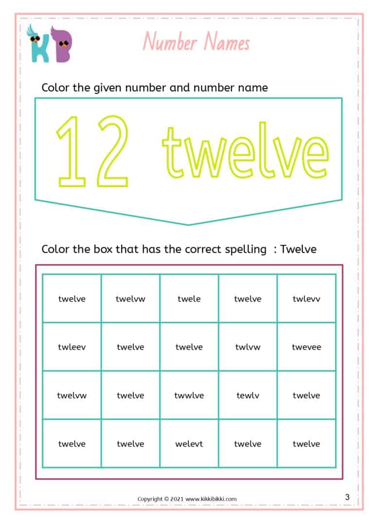 NUMBER NAMES - Free Math Kindergarten Worksheets