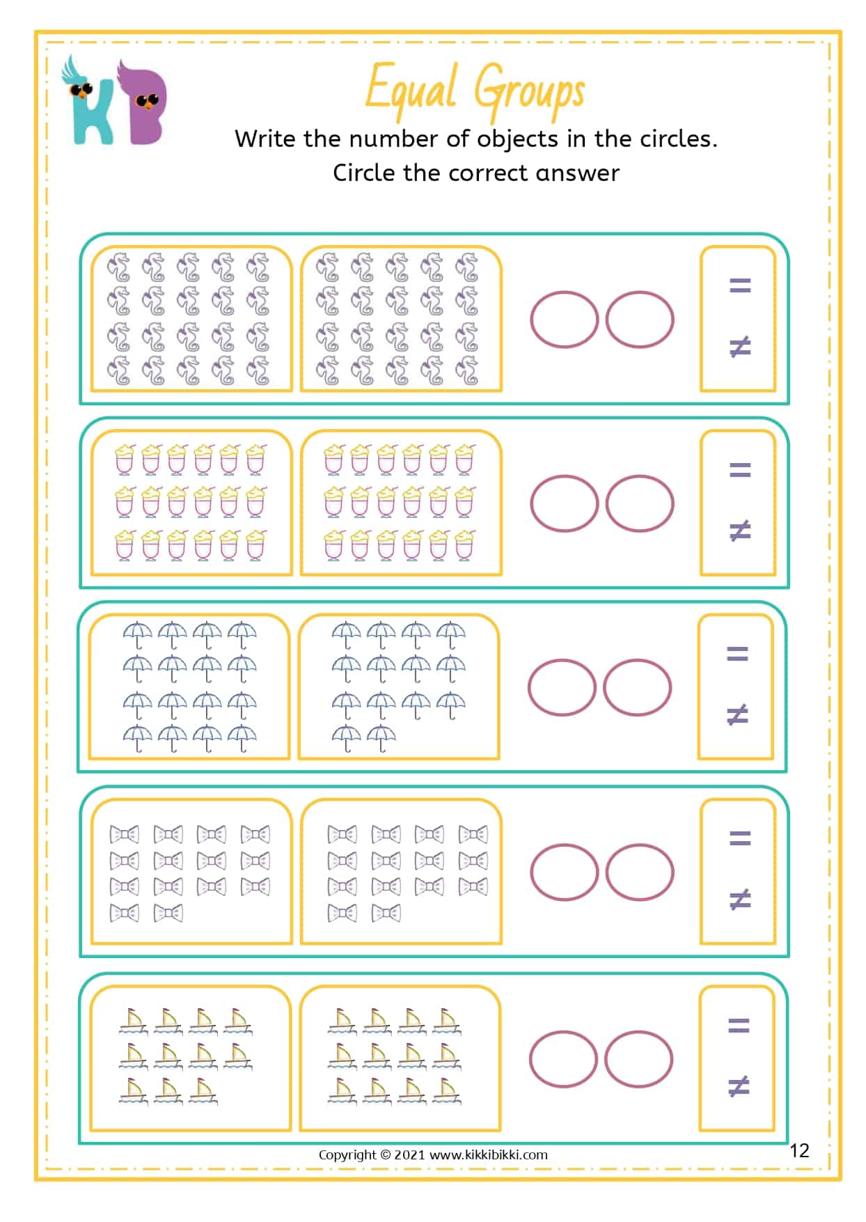 Free Math Printable Worksheets - EQUAL / NOT EQUAL GROUP