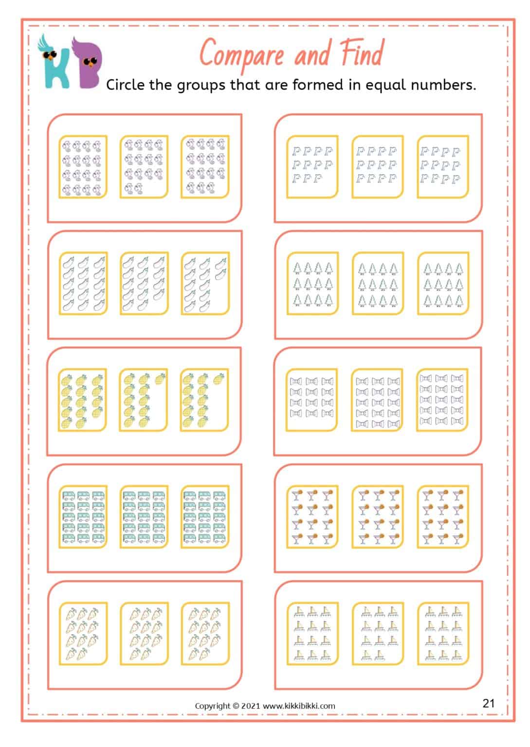 Free Math Printable Worksheets - EQUAL / NOT EQUAL GROUP