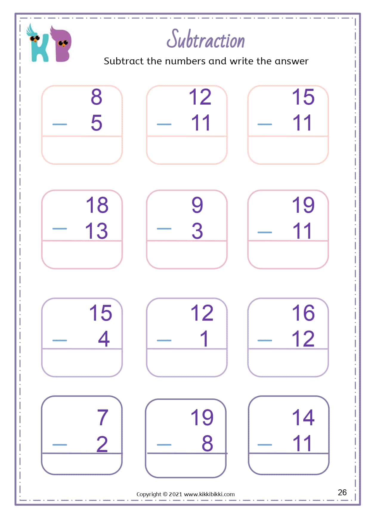 SUBTRACTION Worksheets - for Upper Kindergarten Kids