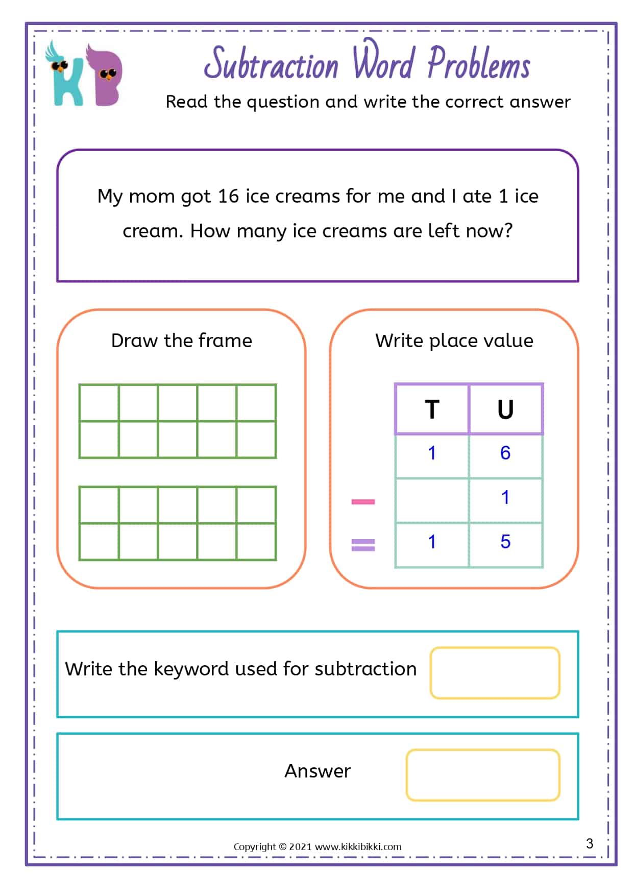 SUBTRACTION - Free Math Printable Worksheets - KikkiBikki