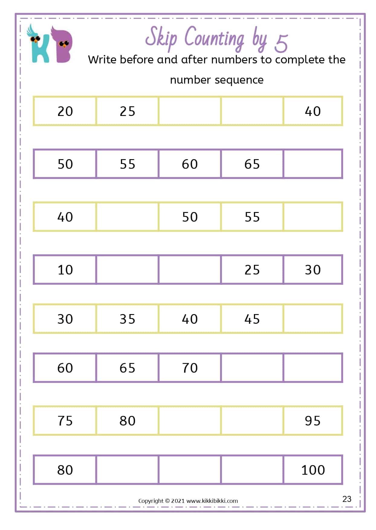 SKIP COUNTING BY 5 - Kindergarten Worksheets - KikkiBikki