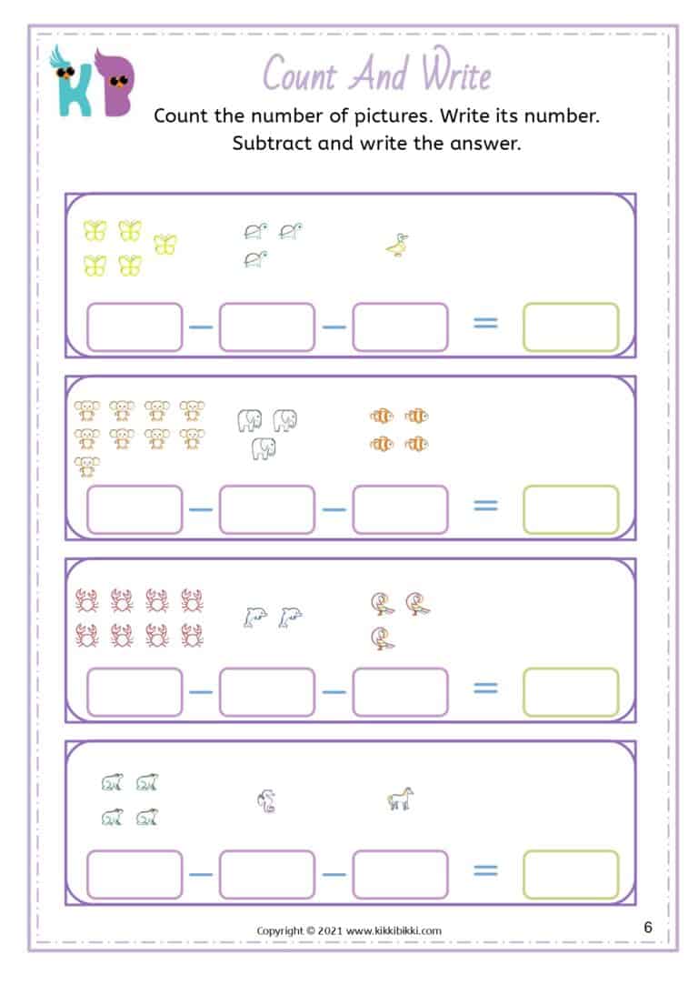 SUBTRACTION Worksheet - KikkiBikki - Free Math Printable