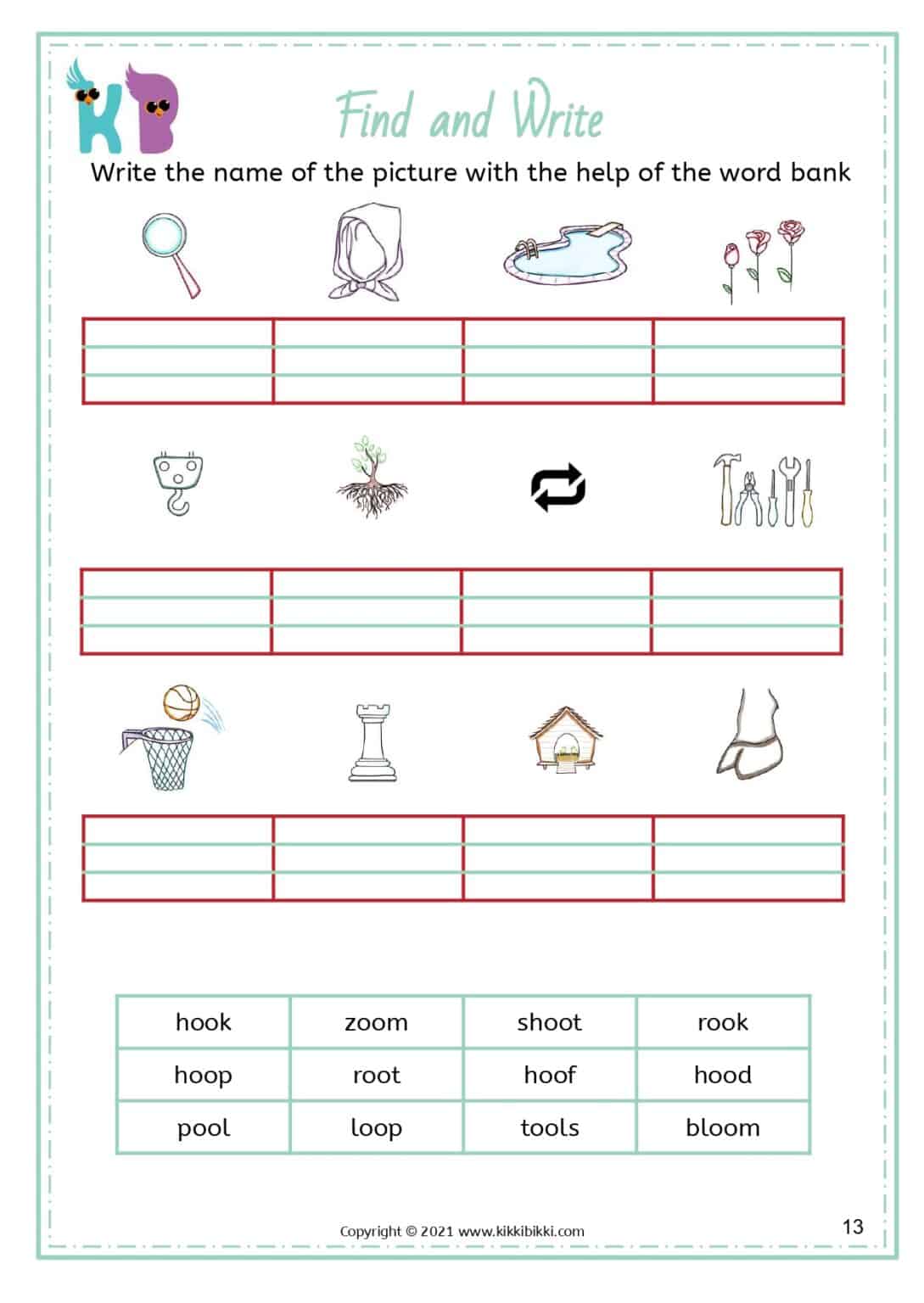 oo Words - Kindergarten Worksheet - Free Phonics Printable
