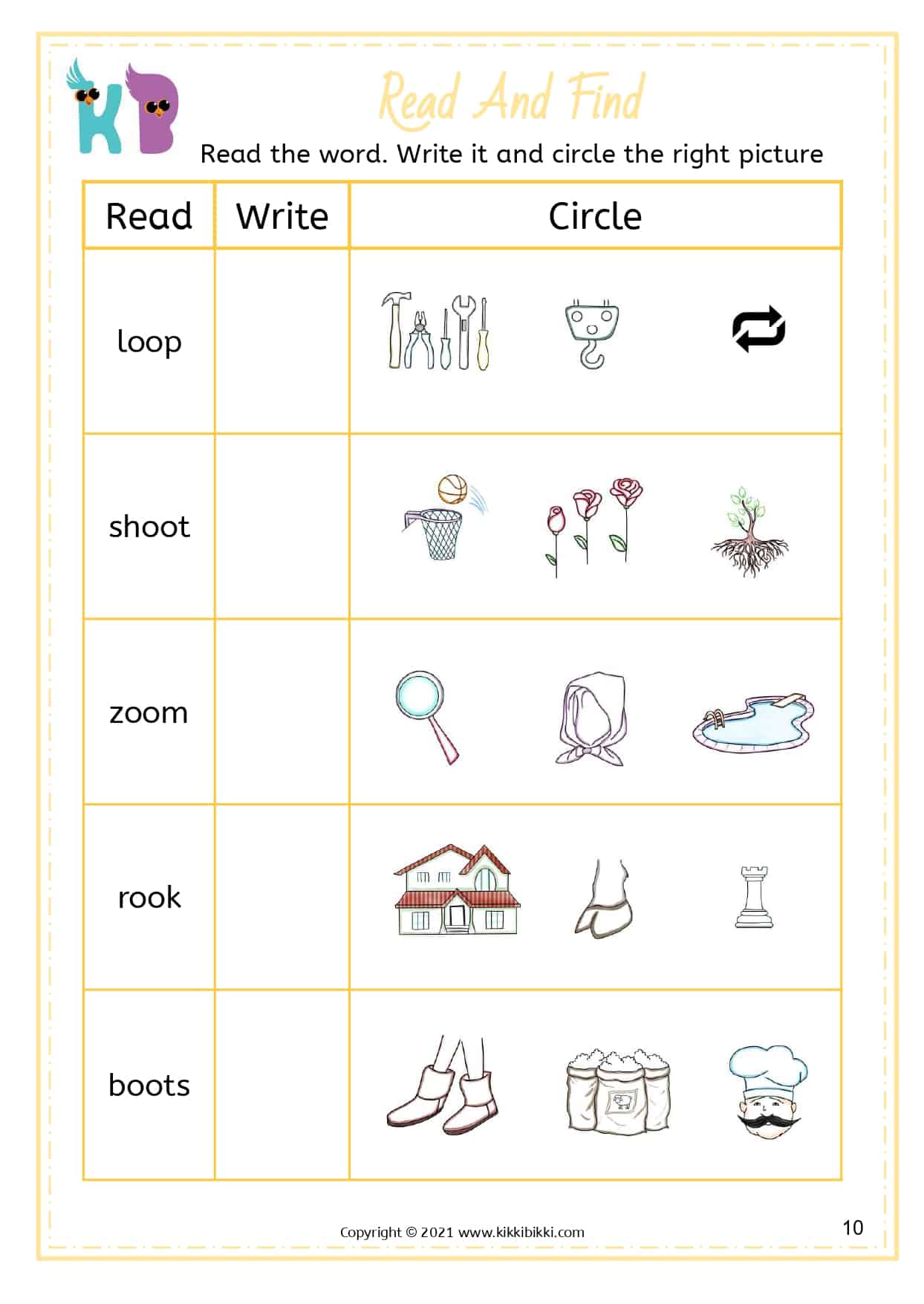 oo Words - Kindergarten Worksheet - Free Phonics Printable