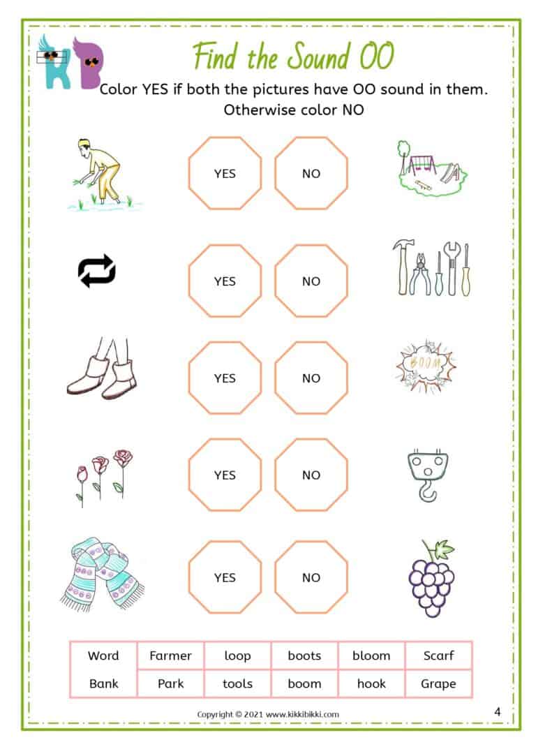 OO Sound Phonics Worksheet