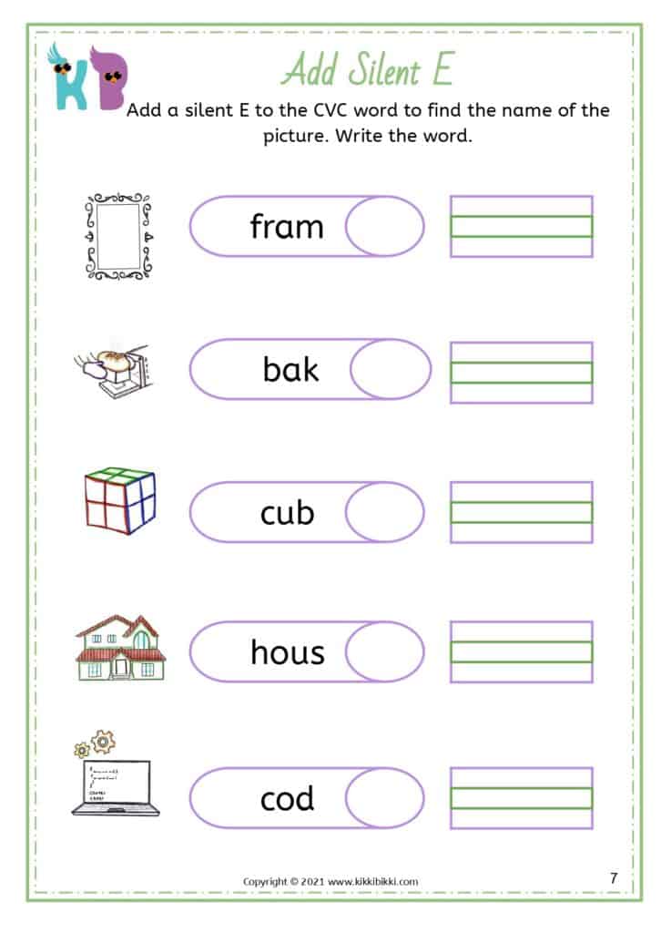 Silent e reading worksheets for children