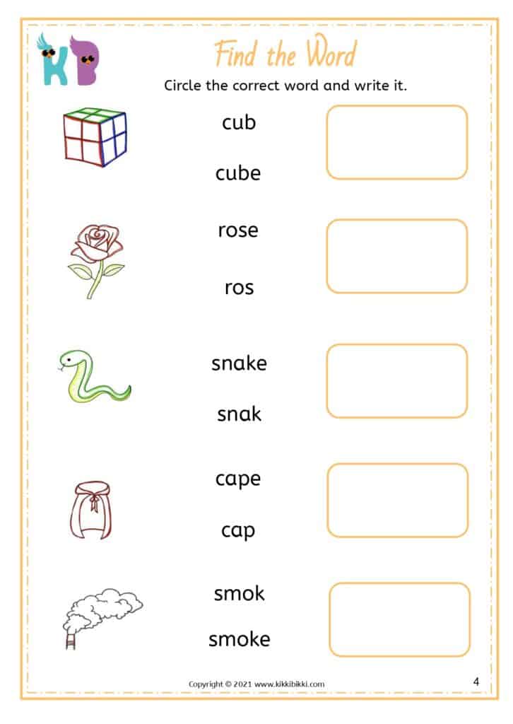 Silent e word exercises for kids