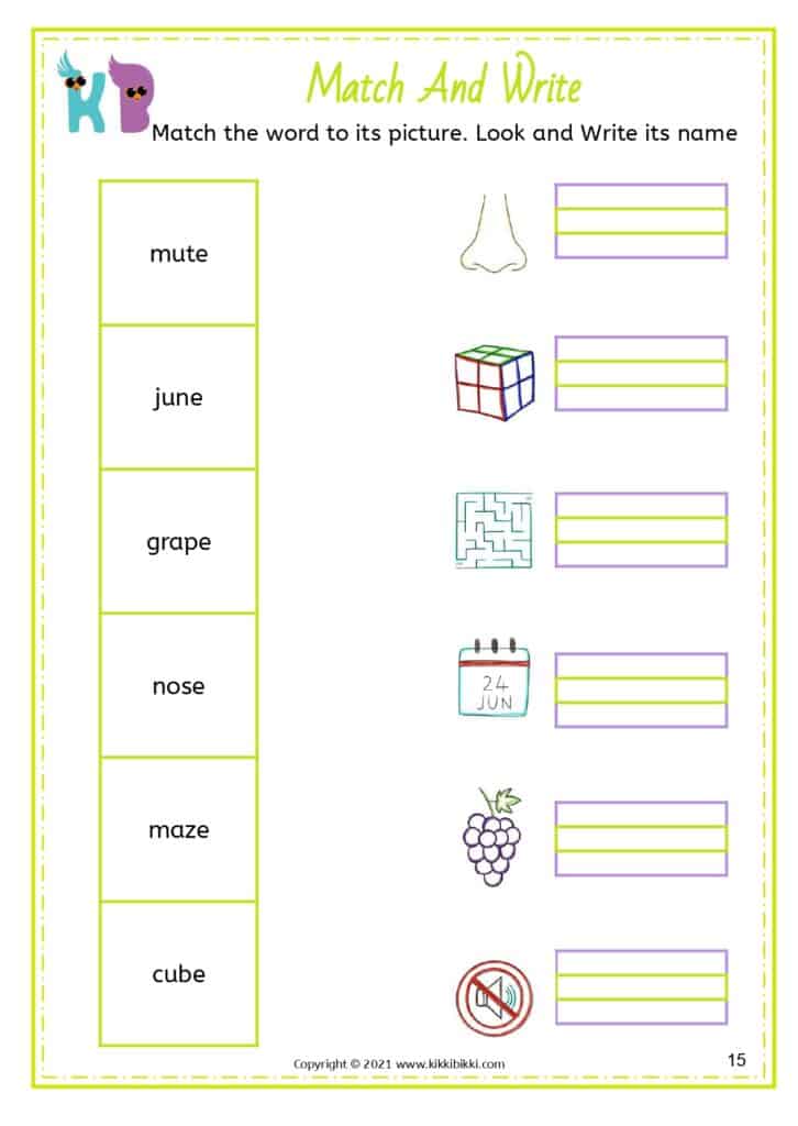 Silent e word writing practice for children