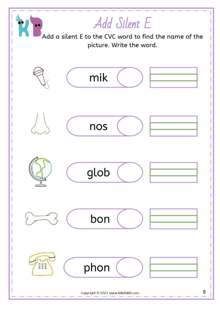 Silent e phonics practice for kindergarten