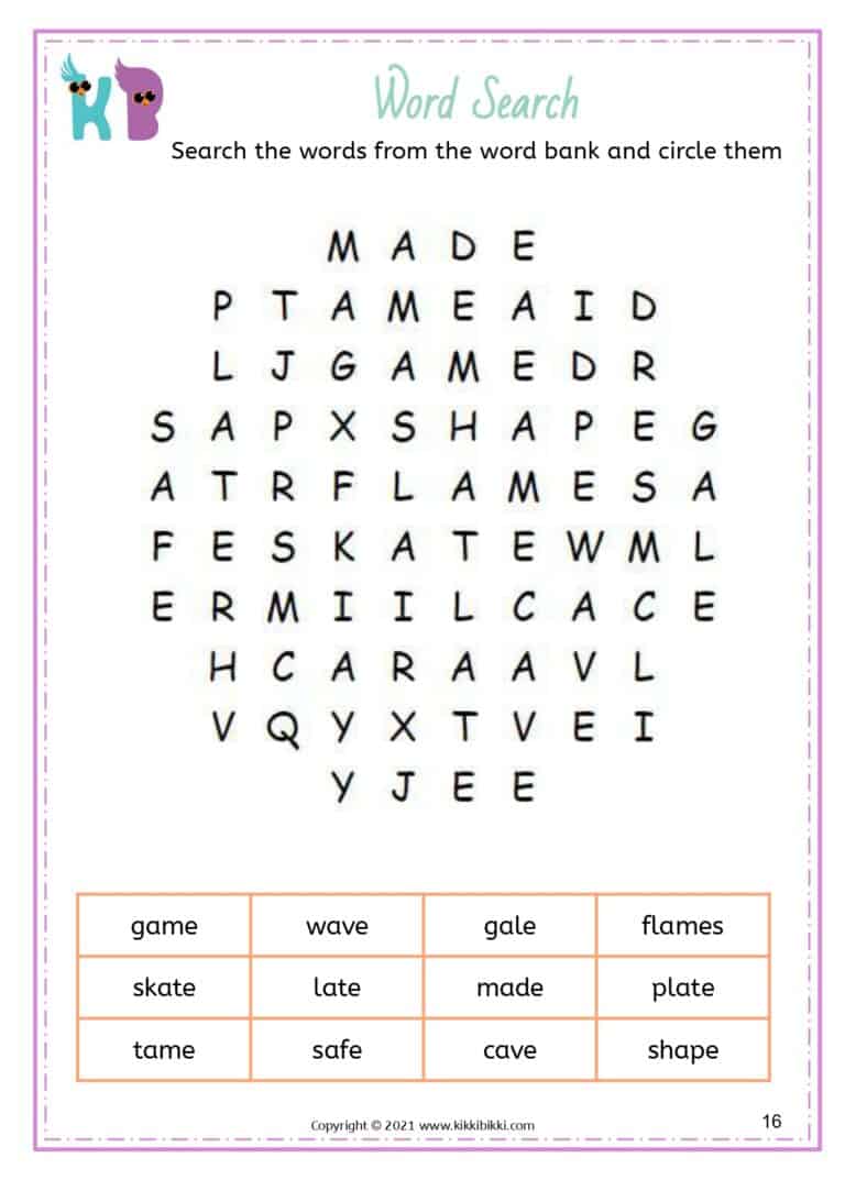 Silent e word maze puzzles for kindergarten