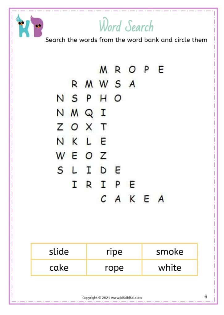 Silent e word writing practice for children