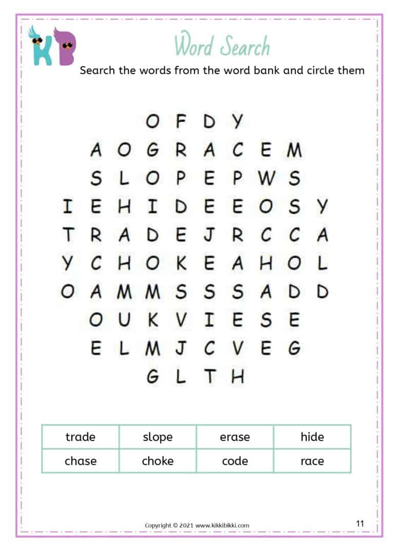 Silent e word maze puzzles for kindergarten