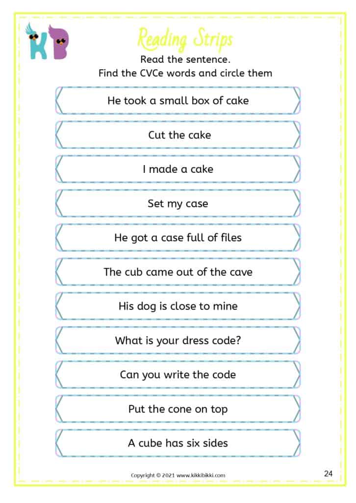 Silent e word exercises for children