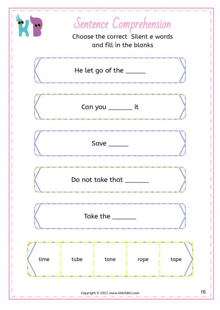 Silent e word comprehension for early readers