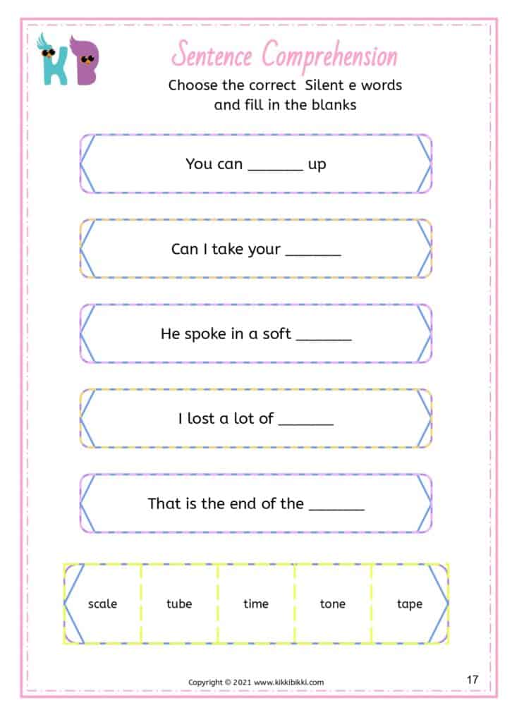 Silent e sentence understanding for kindergarten