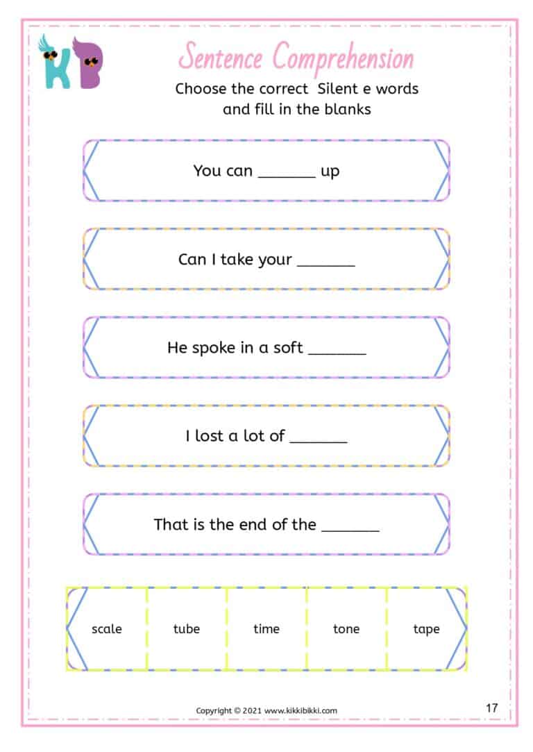 Silent e sentence understanding for kindergarten