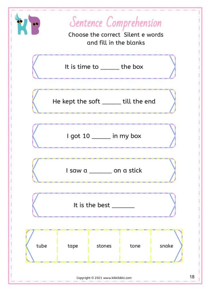 Silent e reading worksheets for kindergarten