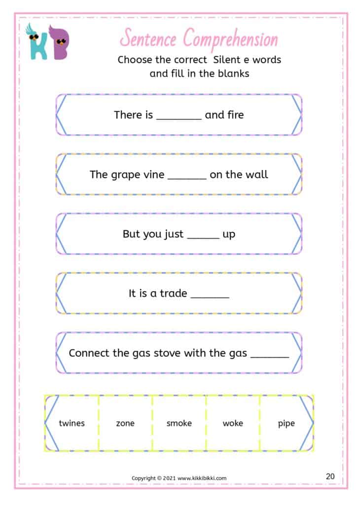 Silent e word comprehension passages for young learners