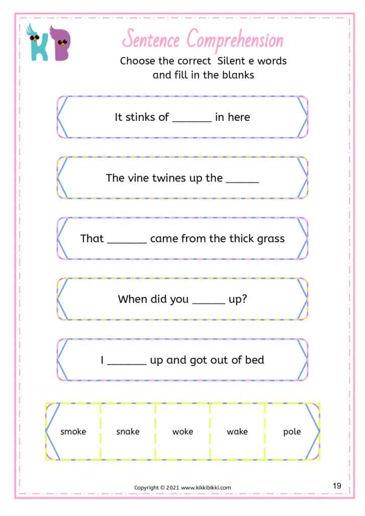 Silent e story comprehension exercises for children