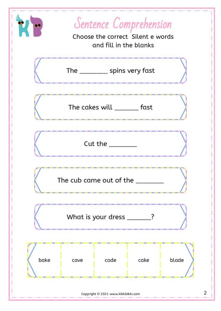 Silent e word-picture matching activity