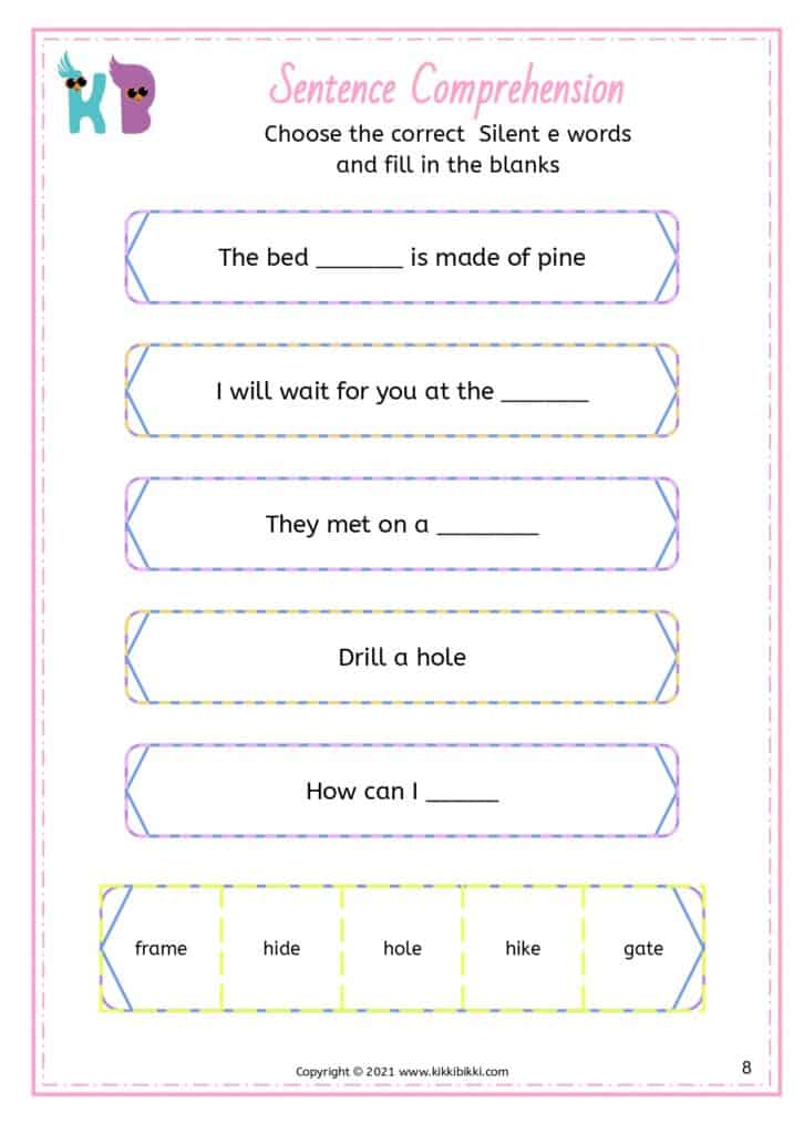 Silent e comprehension test for young learners