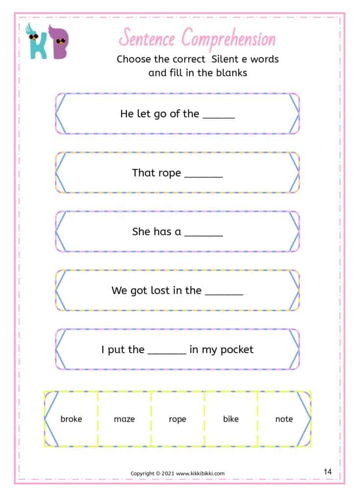 Silent e word comprehension questions for kids