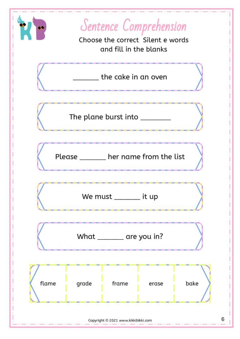 Silent e reading activity for kindergarten