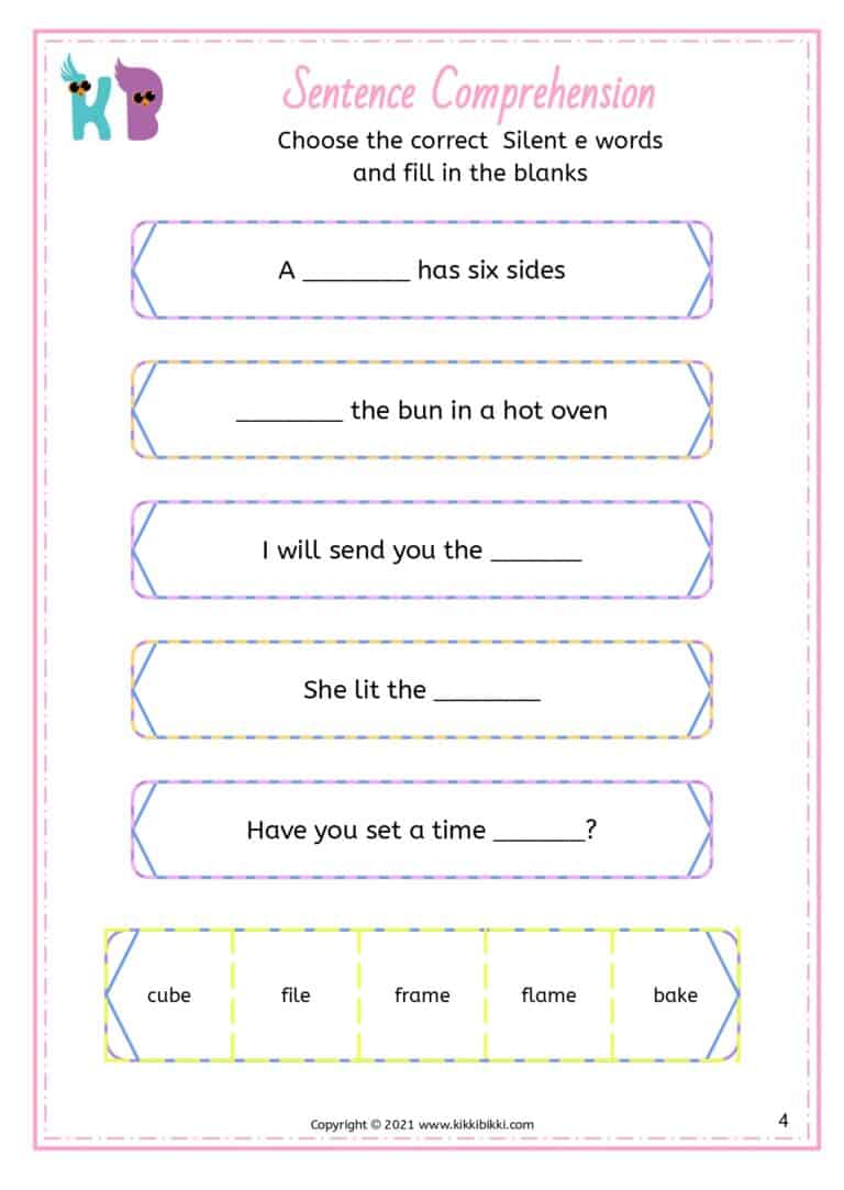 Silent e word completion for young learners