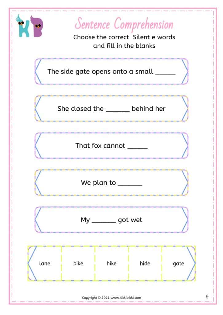 Silent e word comprehension passages for kindergarten
