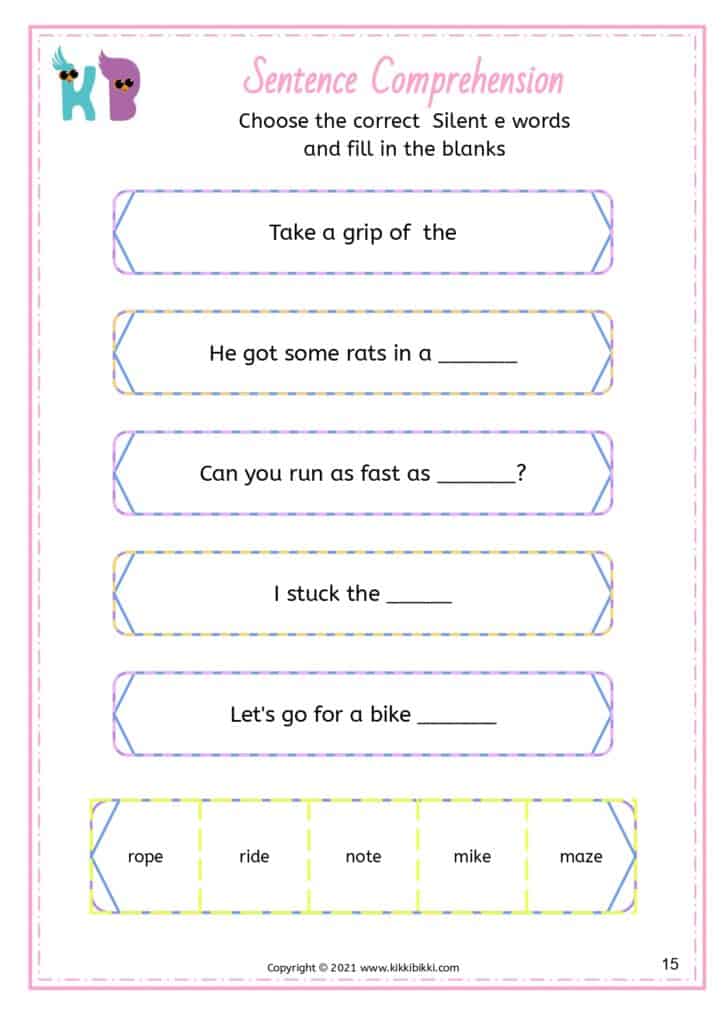 Silent e sentence comprehension for kids