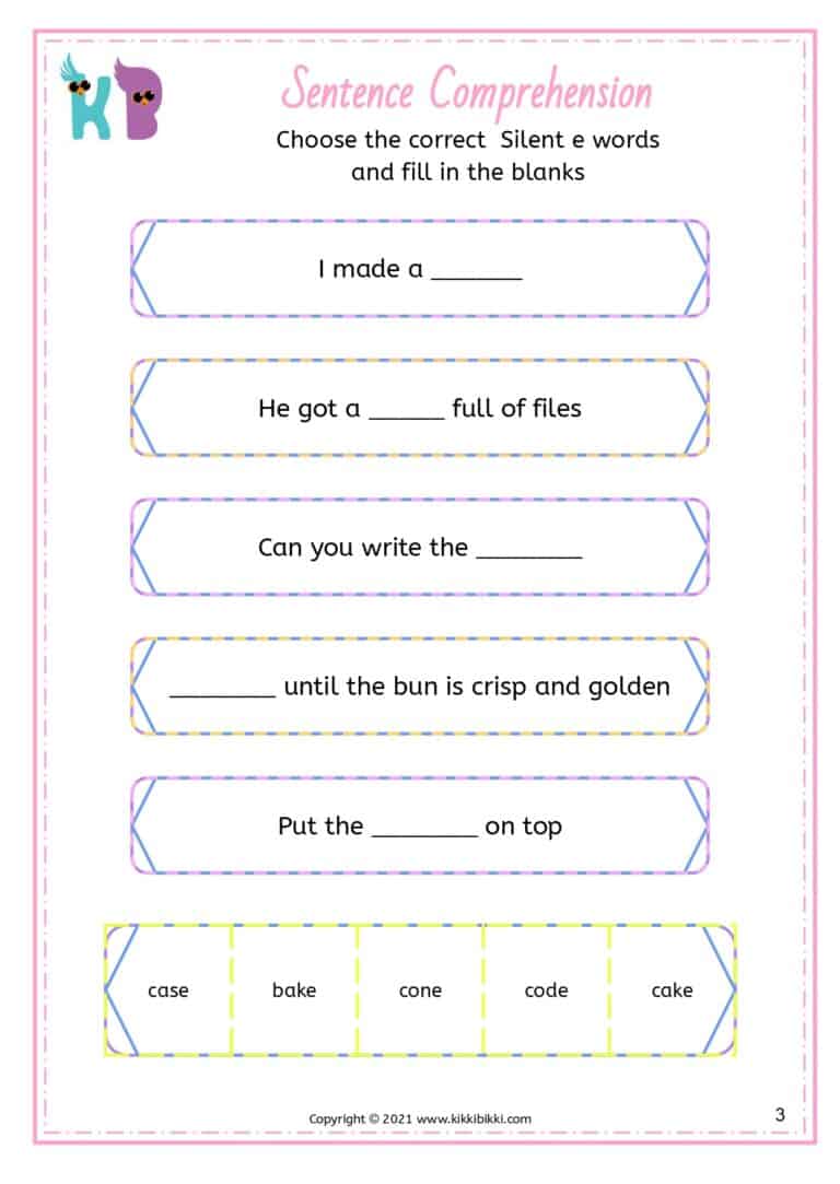 Silent e comprehension practice for kindergarten