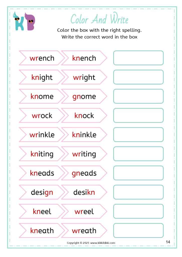 Kindergarten Spelling: Alternative Spelling wr, kn, gn