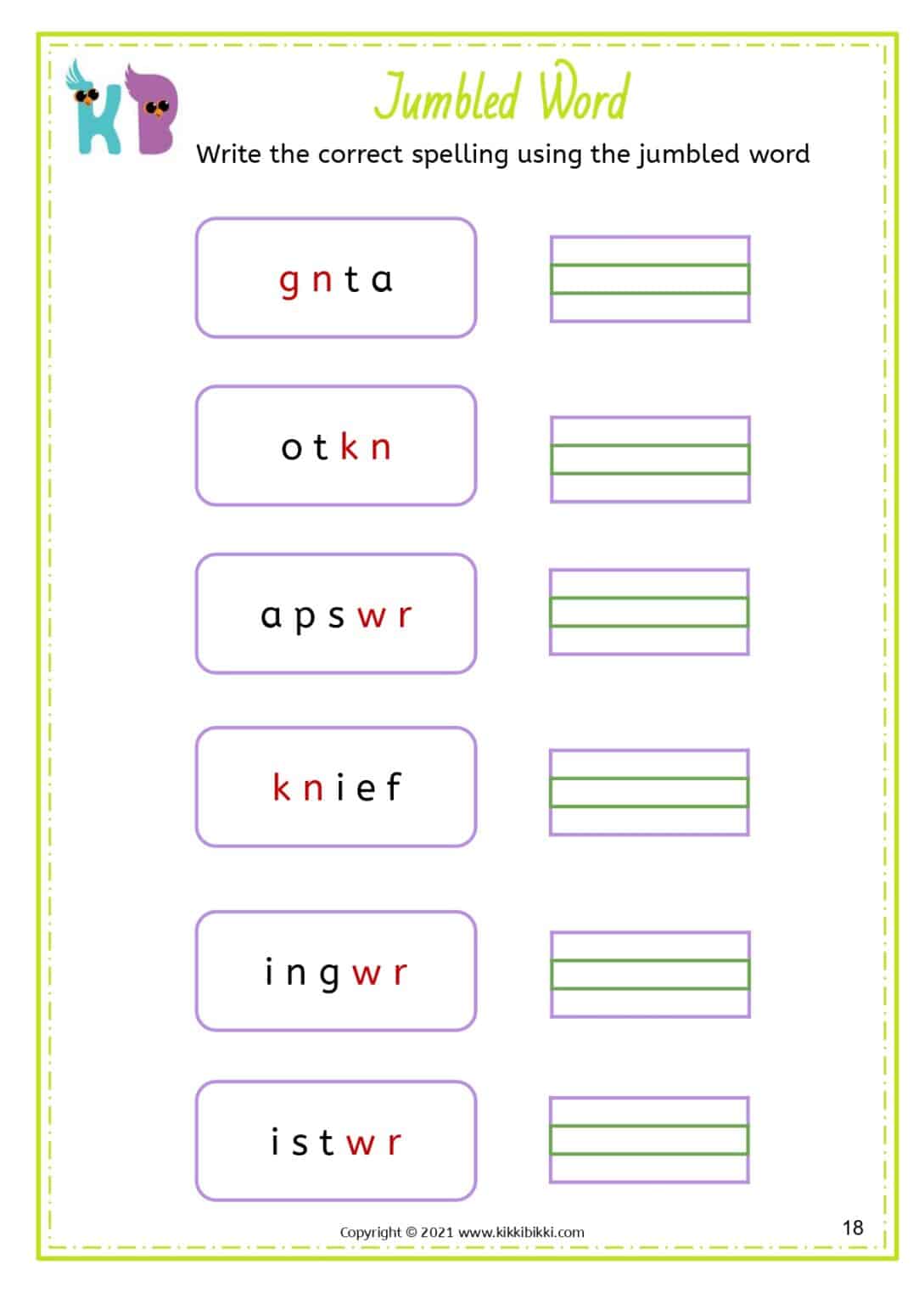 Learn to Spell wr-kn-gn Words - Free Phonics Worksheets